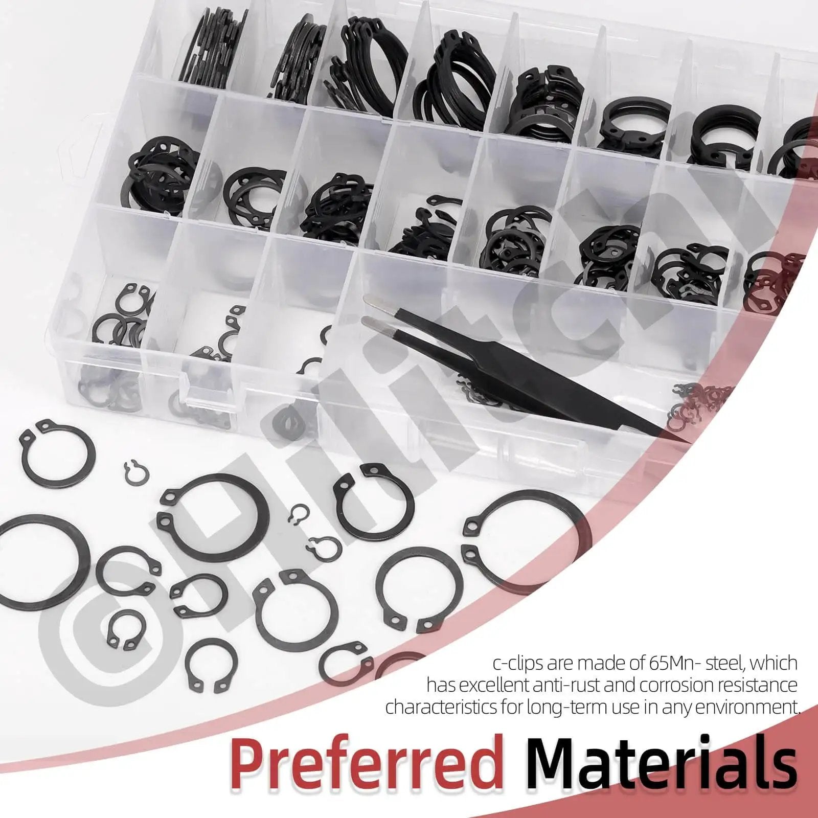 All In One No Fuss C Clip External Retaining Rings Kit With 266 Pieces In 21 Sizes M4 To M28 And Tweezers Manganese Steel Snap Ring Set For Moving Parts Durable Storage Case Open View