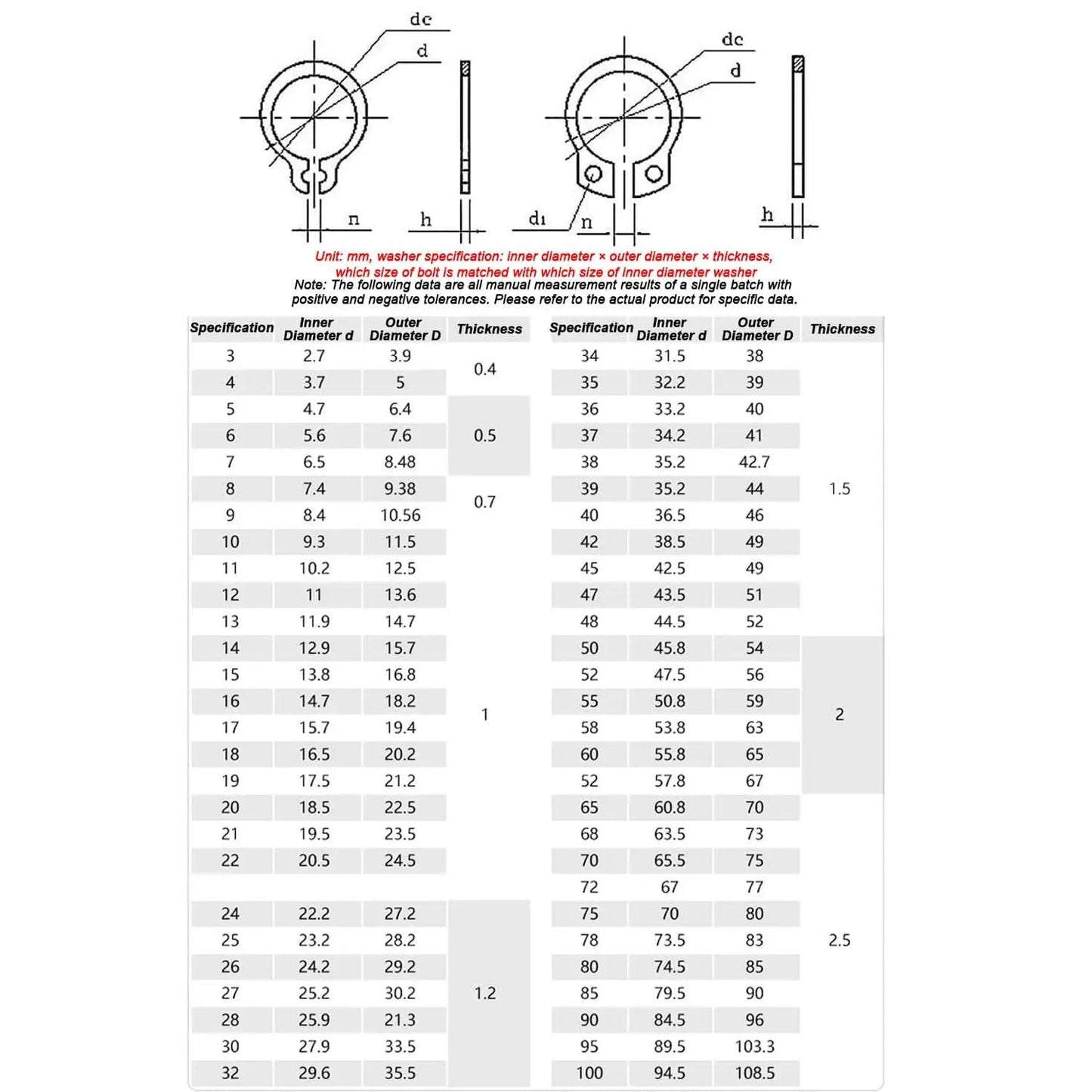 Size chart for External Retaining Ring Set C Clips Circlip Kit 10 Pcs 40 To 48 Mm 65Mn Alloy Steel Snap Rings with diagrams.