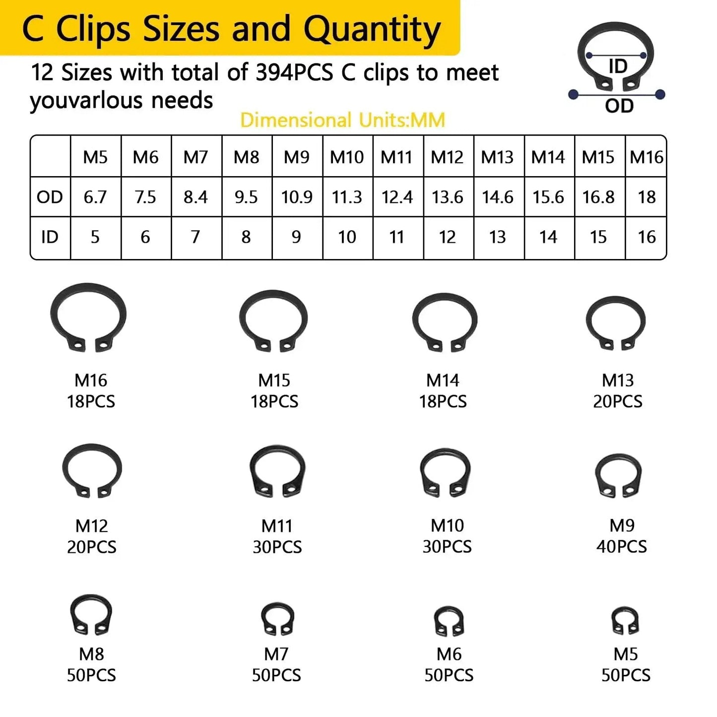 C clips size chart from 900 Pcs C Clips And E Clips Assortment Kit With 24 Sizes External Retaining Rings Snap Rings Set In Black Carbon Steel