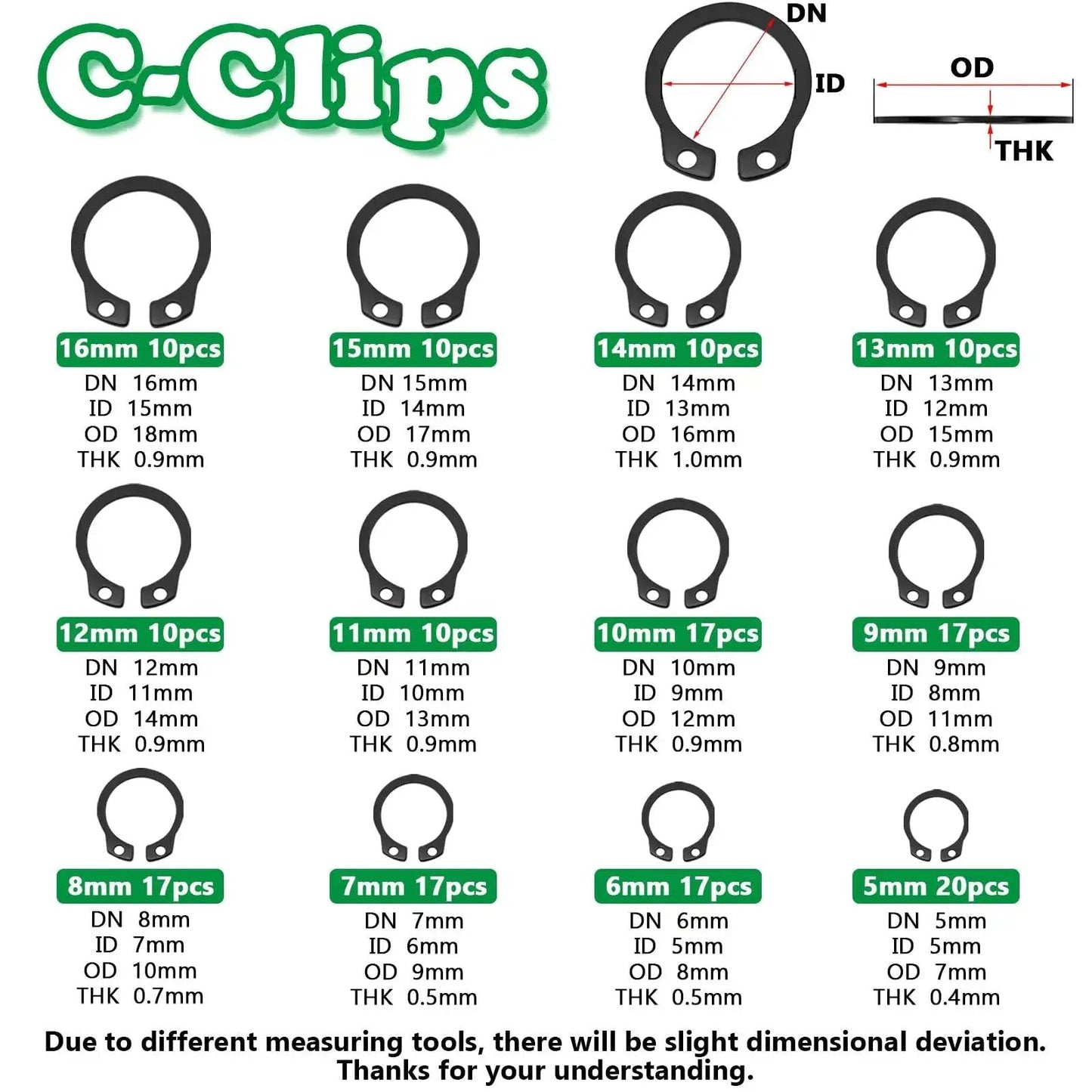 C-Clips from Mega Handy 330 Piece Snap Ring Set With E Clips And C Clips, showing sizes 5mm to 16mm in diagram.