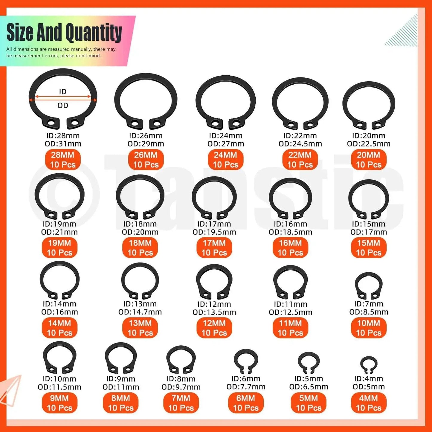 Size chart of 28mm to 5mm C Clip and E Clip in All In One C Clip And E Clip Retaining Ring Kit With Pliers And Tweezers, 312 Pcs Total.