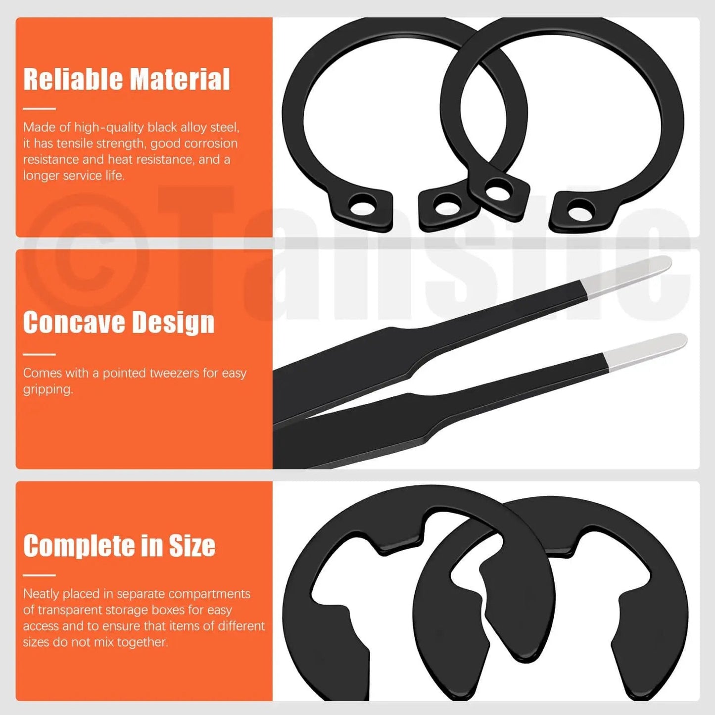 All In One C Clip And E Clip Retaining Ring Kit With Pliers And Tweezers, 312 Pcs Total, M4 To M28 And 1.5 To 10mm Sizes, 65Mn Steel Heavy Duty Snap Ring Set For DIY Gearheads - close-up of tools and clips showing material and design features.