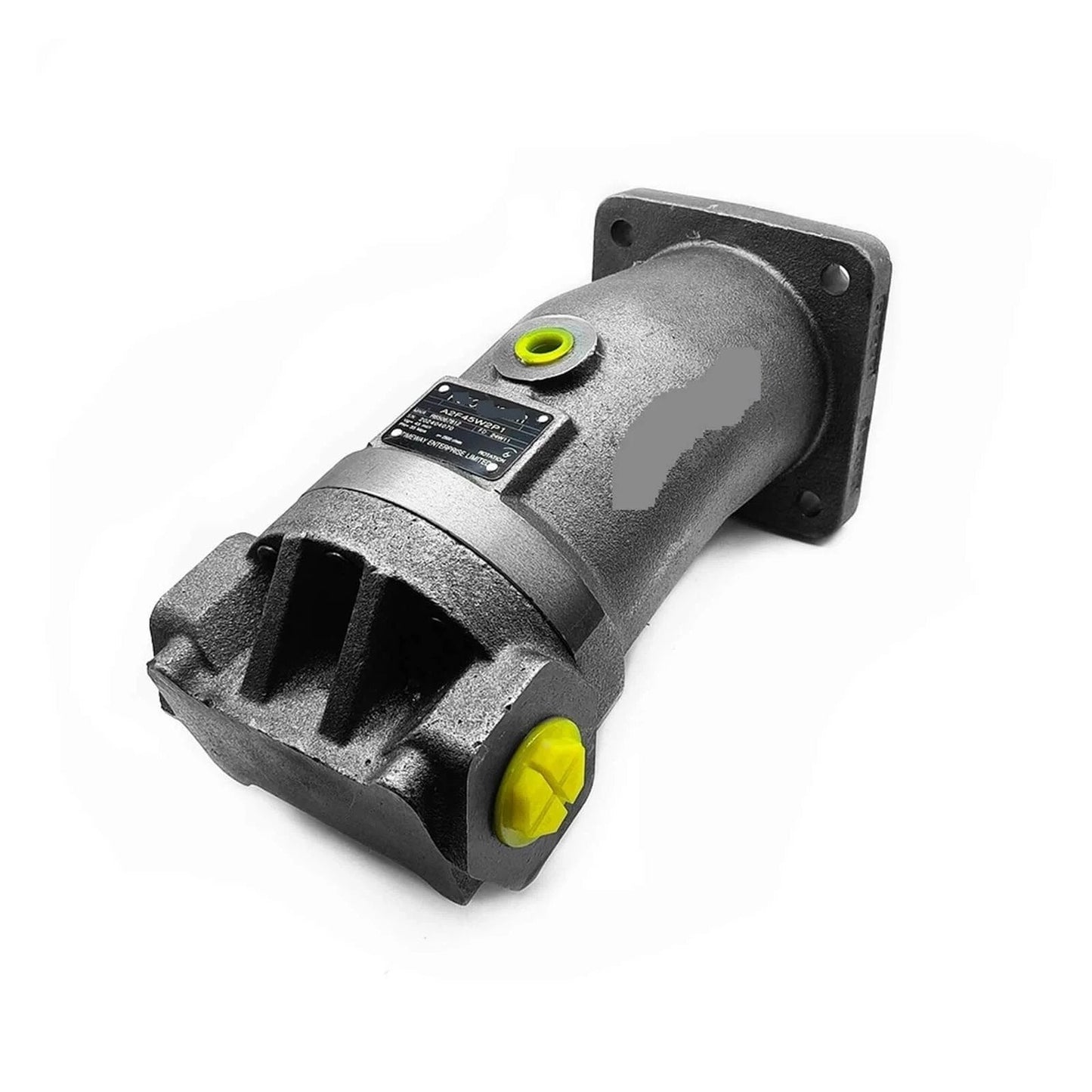 Front view of CAARLA Hydraulic Axial Piston Pump A2F Series A2F45W2P1, compact design with metallic casing and yellow accents.