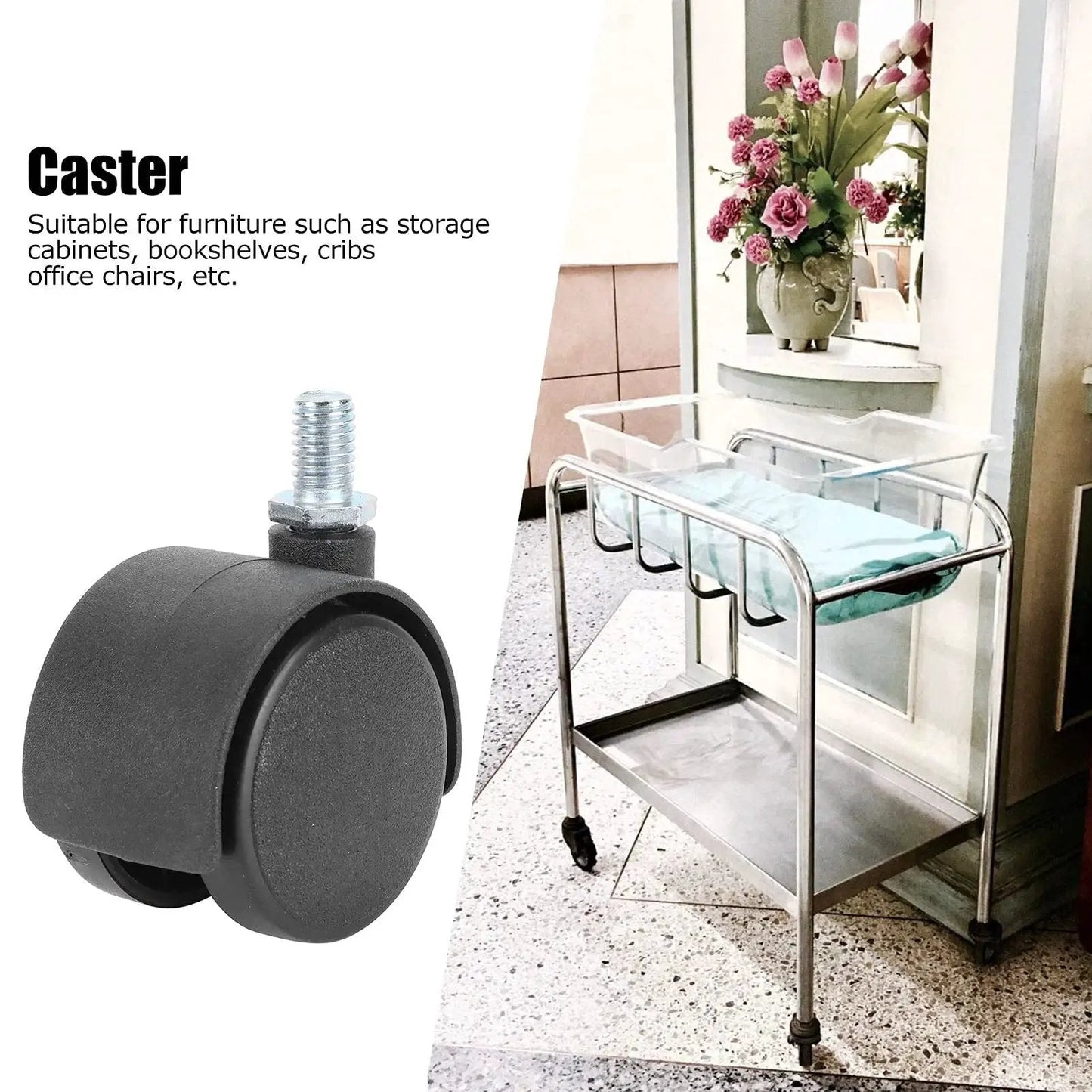 4 Pack Cabinet Casters 1.5 Inch 360 Degree Rotatable Replacement Wheels Universal Plastic Wheel shown beside furniture with flowers.