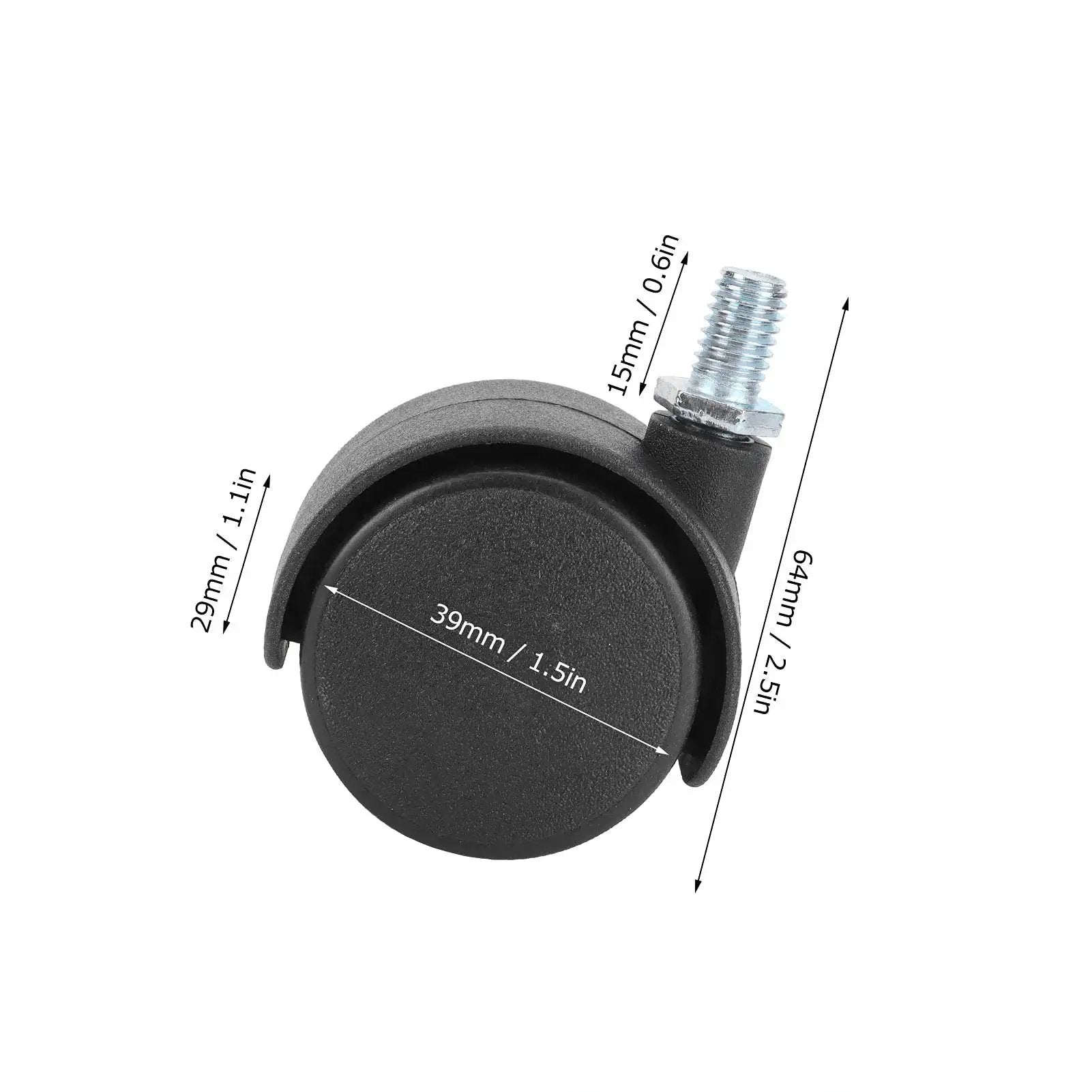 Side view of 4 Pack Cabinet Casters 1.5 Inch 360 Degree Rotatable Replacement Wheels, dimensions labeled, ideal for cabinets and chairs.