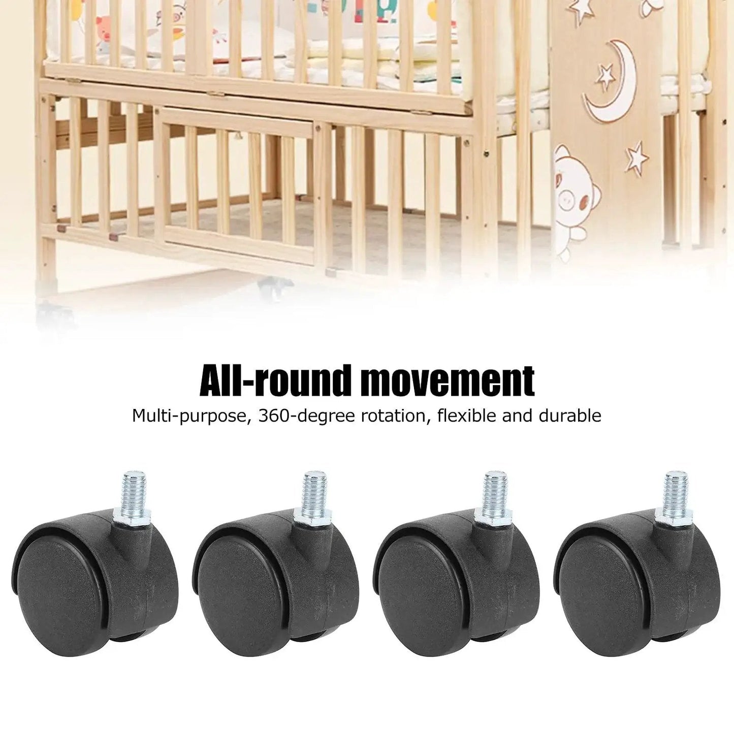 4 Pack Cabinet Casters 1.5 Inch 360 Degree Rotatable Replacement Wheels for cabinets, chairs, and bookshelves, shown with a crib