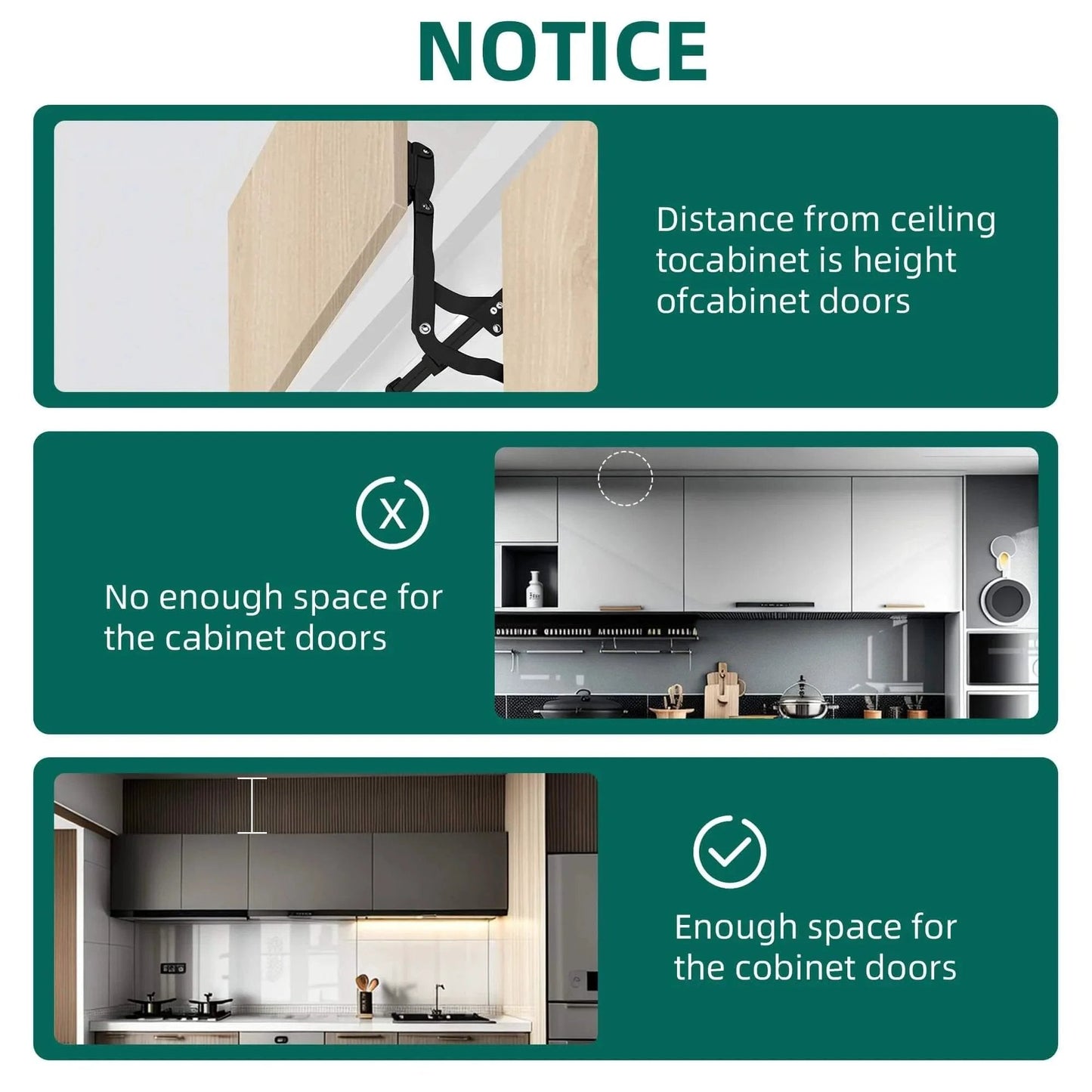 Diagram showing Vertical Lift Hinge installation tips with space recommendations for optimal cabinet door functionality.
