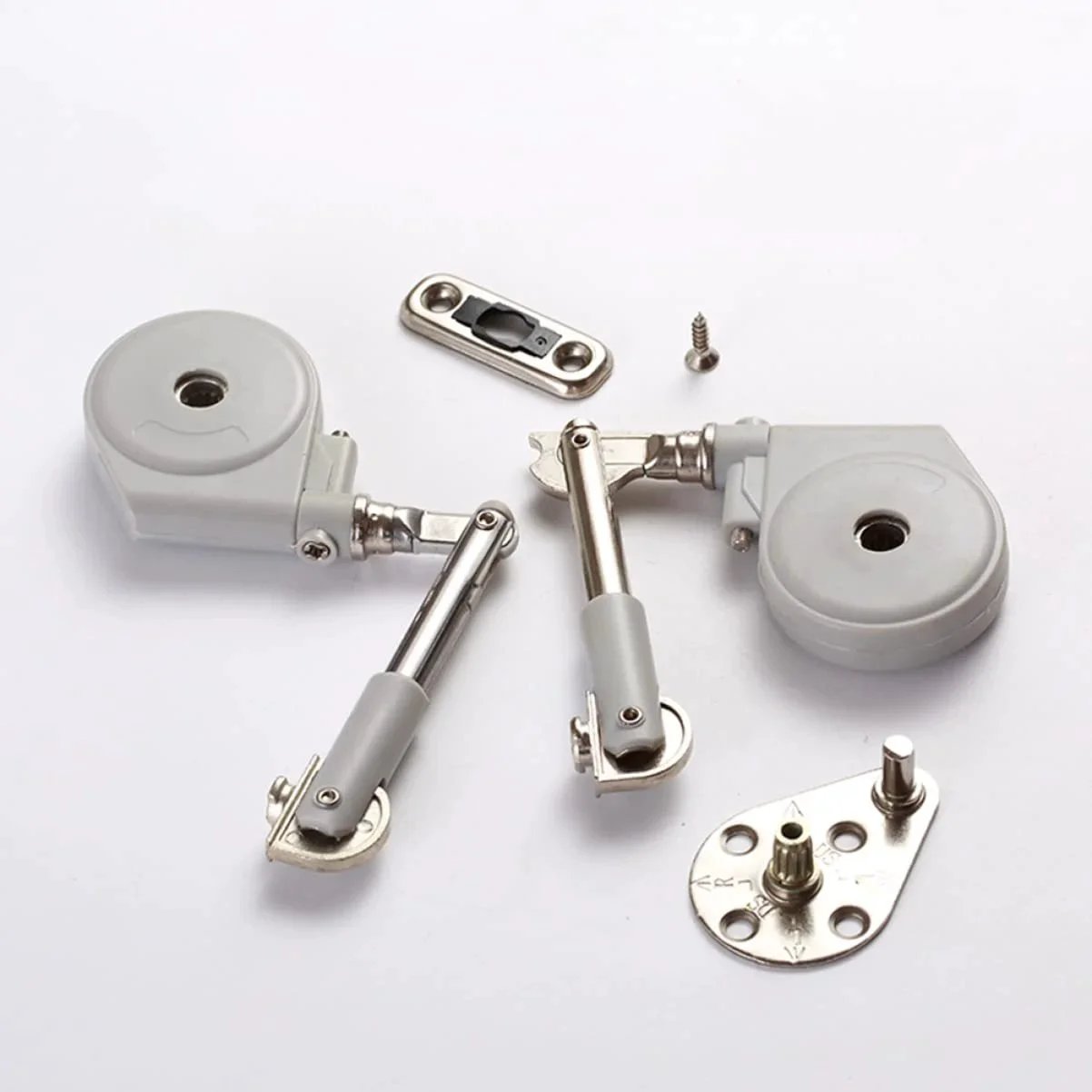 Drop Down Short Cabinet Door Gas Strut Hydraulic Gas Spring components laid out, with screws and mounting plates on white background.