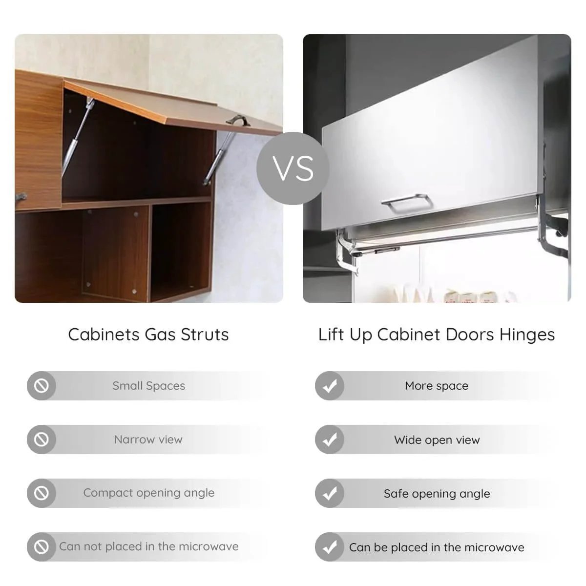 Comparison of cabinets gas struts and Door Hinges Set,Vertical Swing Lift Up Stay Pneumatic Arm Kitchen Mechanism Hinges with Slow Closing.
