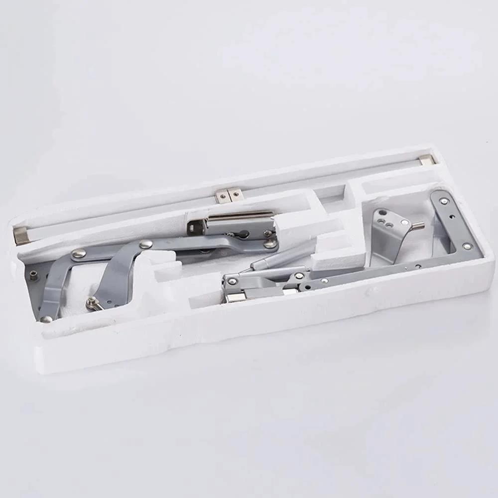 Cabinet Door Hinges Lift Up Mechanism Support Vertical Swing Lifting Stay Strut Hydraullic Cylinder in packaging, silver.