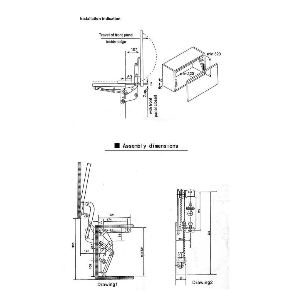 Assembly dimensions for Cabinet Door Hinges, Lift Up Mechanism Support Vertical Swing Lifting Stay Strut Hydraullic Cylinder.