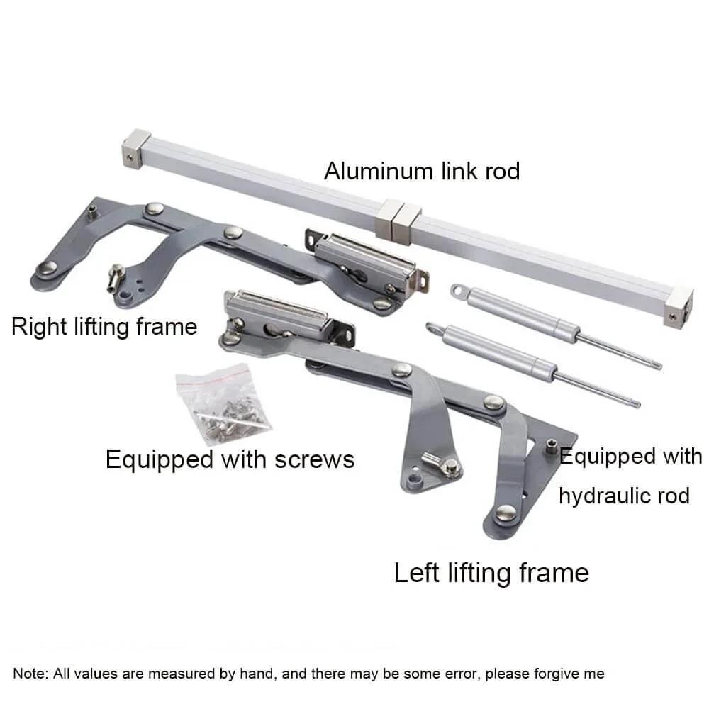 Components of Cabinet Door Hinges, Lift Up Mechanism Support Vertical Swing Lifting Stay Strut Hydraulic Cylinder, shown with screws and rods
