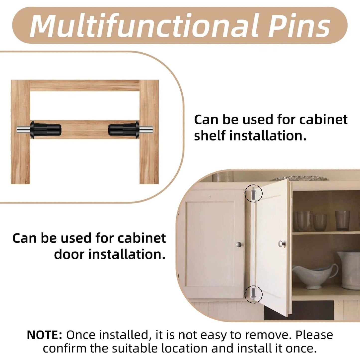 Diagram showing 24pcs Cabinet Door Repair Pins, Spring Loaded Pin, Telescopic Spring Pins in use on cabinet shelves and doors, Black.