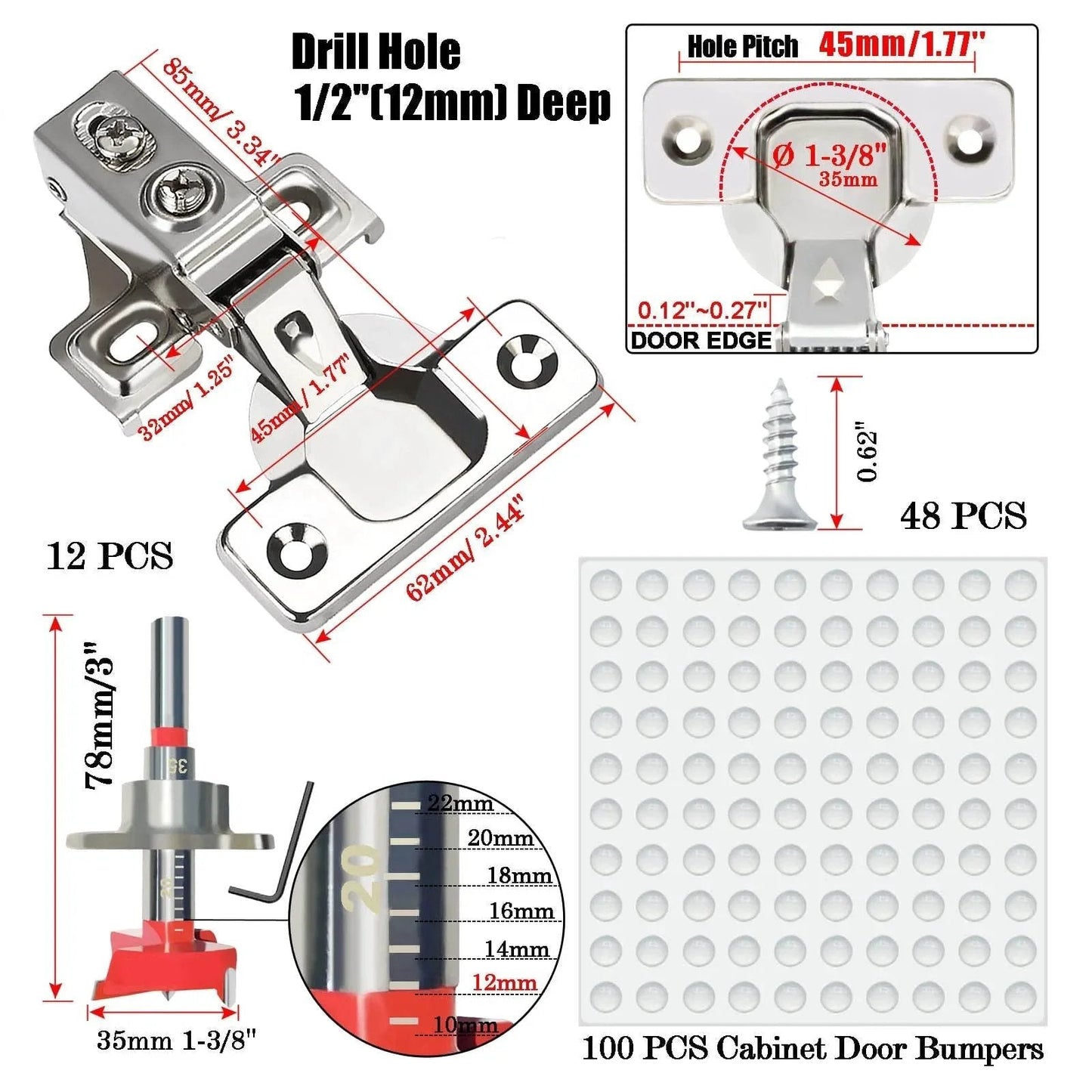 24 Pack Half Inch Overlay Soft Close Cabinet Hinges For Kitchen Cabinets Stainless Steel Concealed Hidden Hinges Self Closing With 45 Millimeter Cup Distance And 12 Millimeter Cup Depth Clean Modern Look Easy Install For Frameless And Face Frame Cabinets image showing hinge dimensions and components