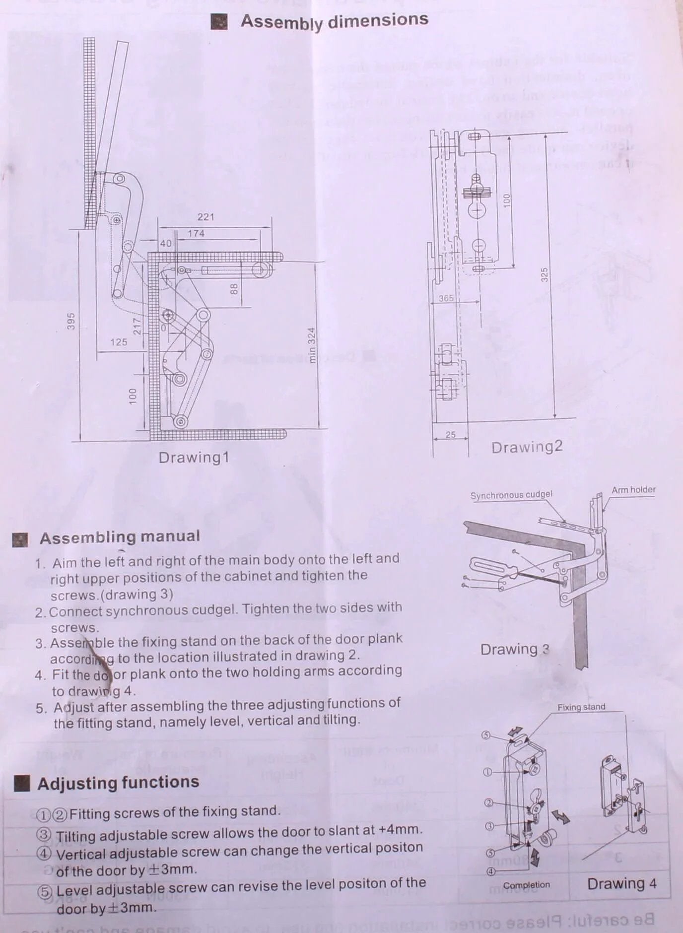 Assembly dimensions for Cabinet Door Vertical Swing Lift Up Stay Pneumatic Arm Kitchen Mechanism Hinges with diagrams