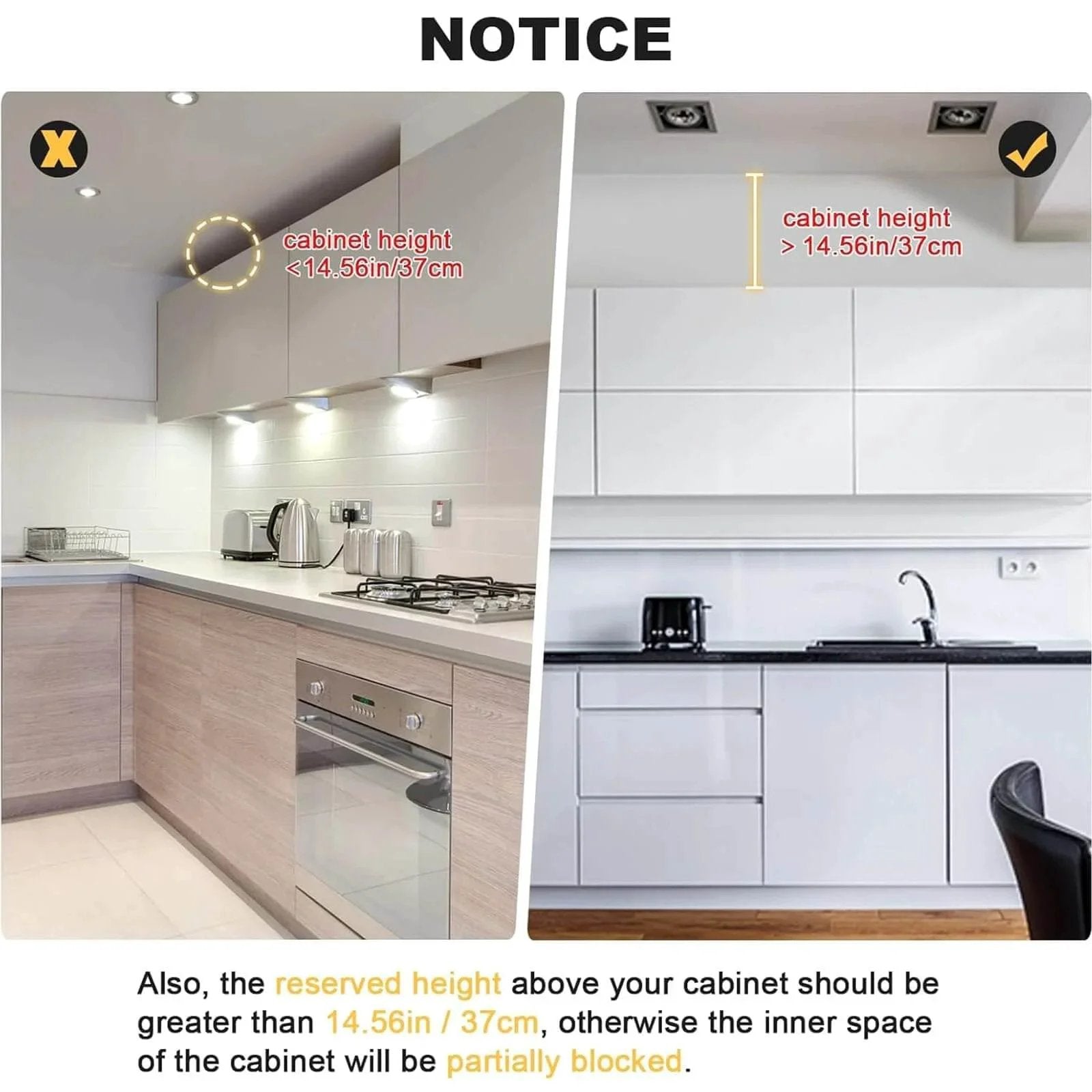 Notice on cabinet height dimensions for installing Cabinet Door Lift up Hinge, Vertical Lift Hinge in kitchen setting.