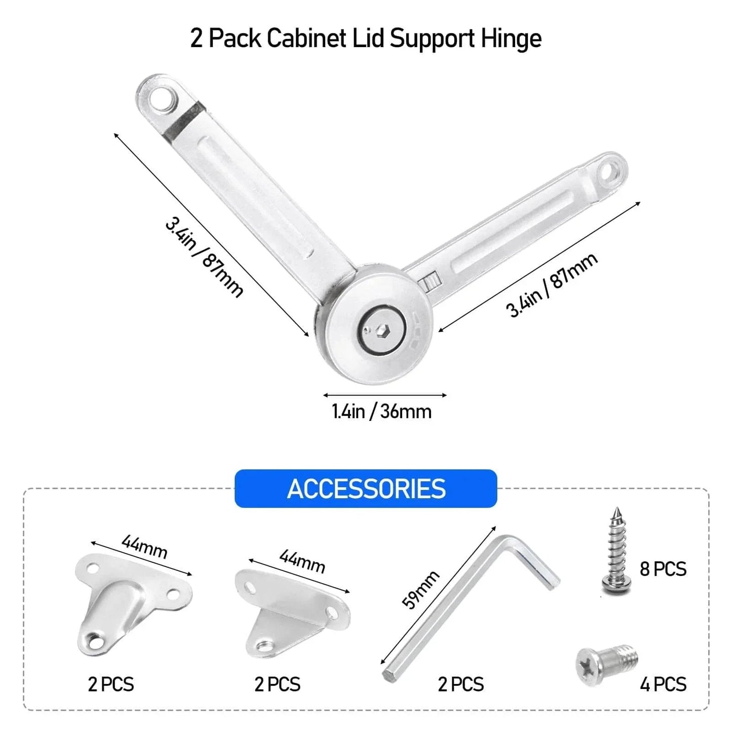 2 Pack Cabinet Lid Support Hinge, 50 lb Soft Close with accessories, shown with dimensions in chrome zinc alloy