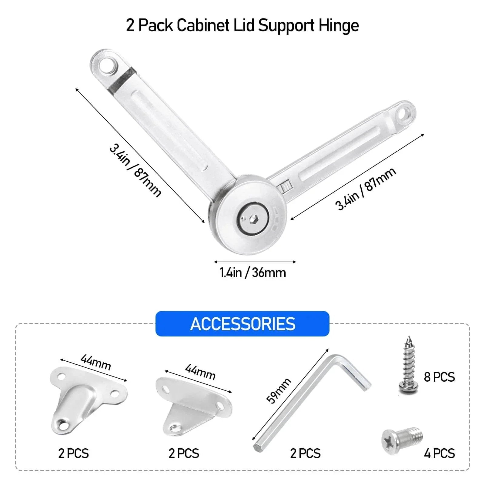 2 Pack Cabinet Lid Support Hinge, 50 lb Soft Close with accessories, shown with dimensions in chrome zinc alloy