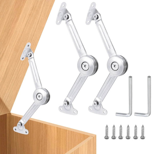 2 Pack Cabinet Lid Support Hinge, 50 lb Soft Close for Toy Box, Chest, Cabinet and RV with mounting tools and screws shown