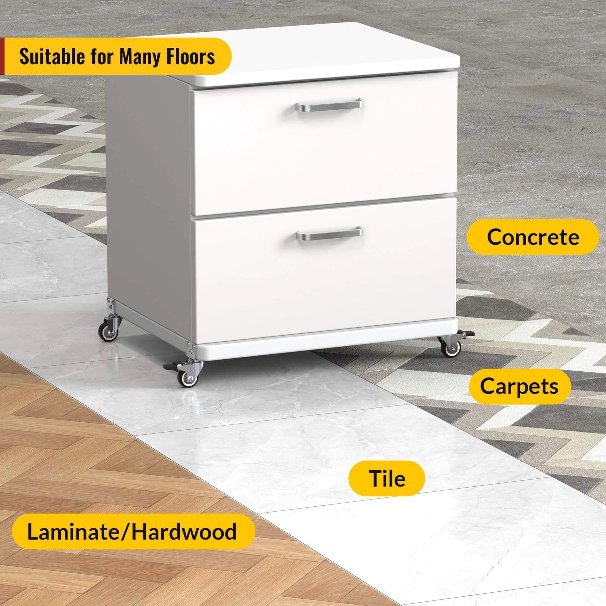 White cabinet on 2 Inch Side Mount Casters Set of 4 Heavy Duty Furniture Wheels with Thick L Shaped Plate Supports Up to 250 LBS on various floors