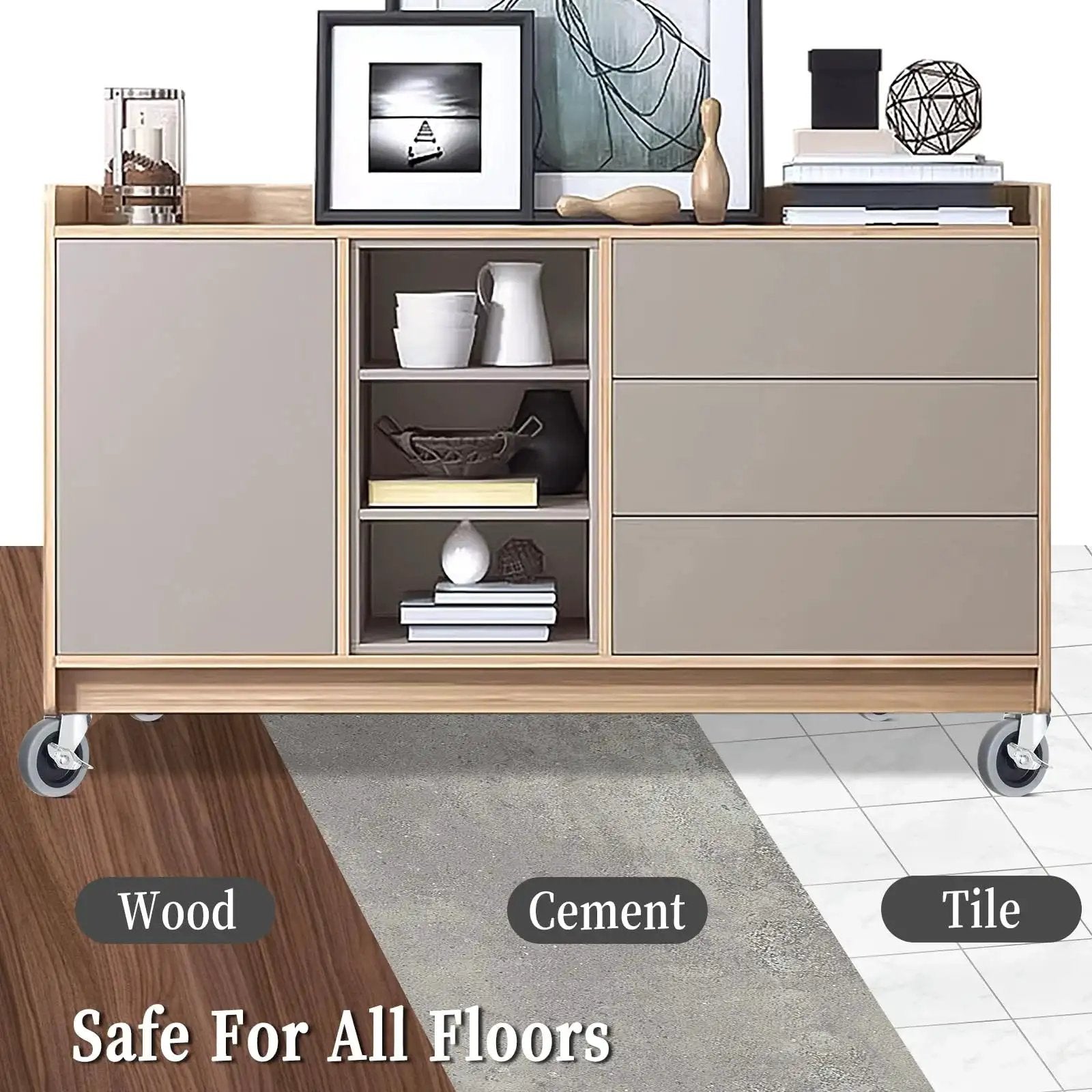 Cabinet on 4 Inch Heavy Duty Swivel Casters With Threaded Stem M8 1.25 X 25mm for furniture, shown on wood, cement, and tile floors.