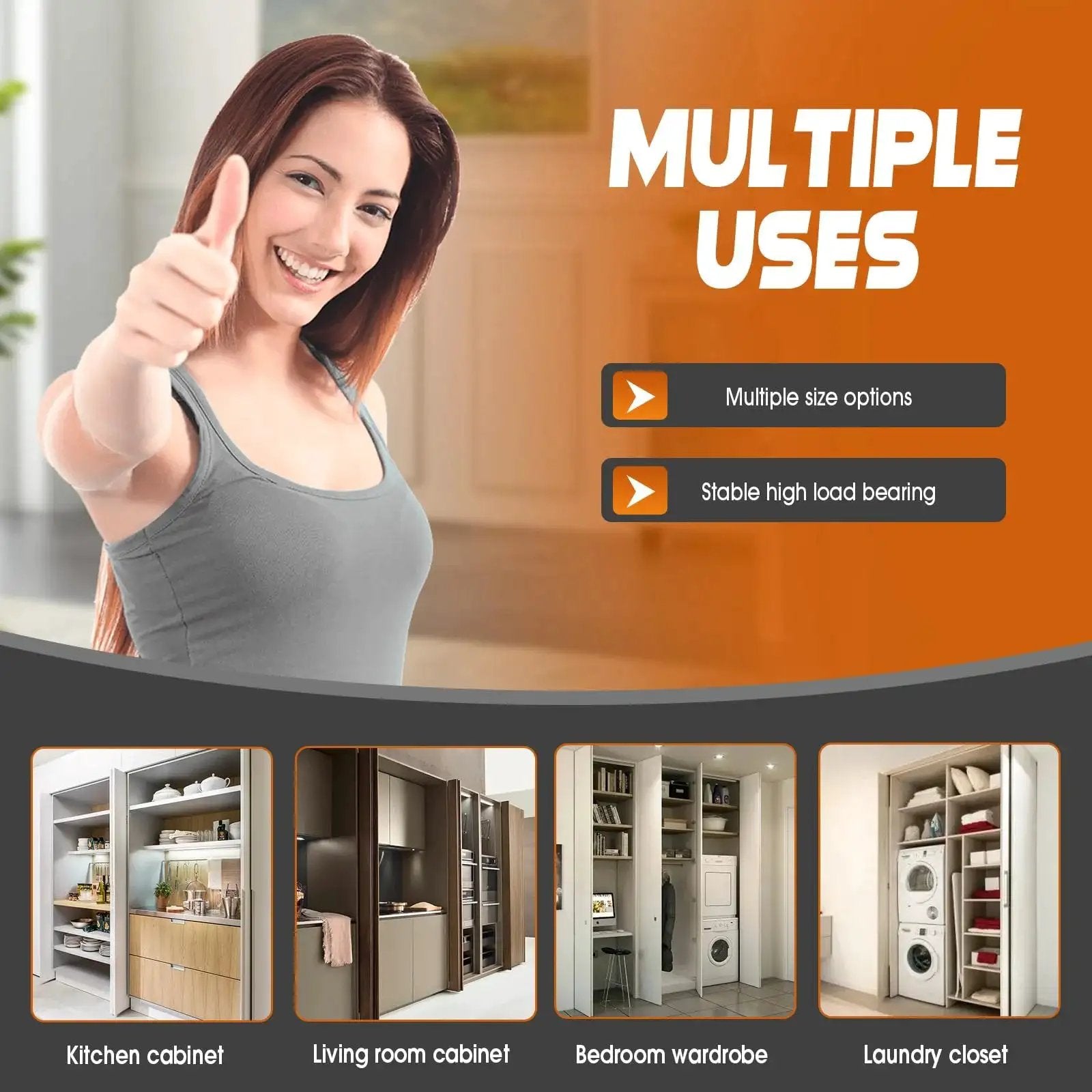 Multiple uses for cabinet hardware with options for kitchen, living room, bedroom, and laundry closet applications.