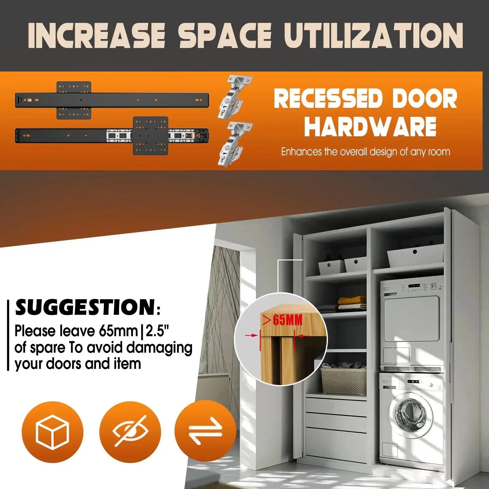 12 Inch Cabinet Pocket Door Slide Set 2 Pieces High Load Bearing 45 Lb Capacity Made From Q235 Steel For Kitchen Pantry Closet Doors Thick 18 To 20 Mm Durable Sliding Hardware With Smooth Operation And Easy Mounting illustrated in a graphic showcasing increased space utilization in a laundry cabinet setup, with installation suggestion detail.