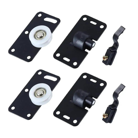 Two Set Cabinet Sliding Door Pulley Roller Hardware Kit with Silent Nylon Bottom Wheels and Top Switch Pulleys, components visible