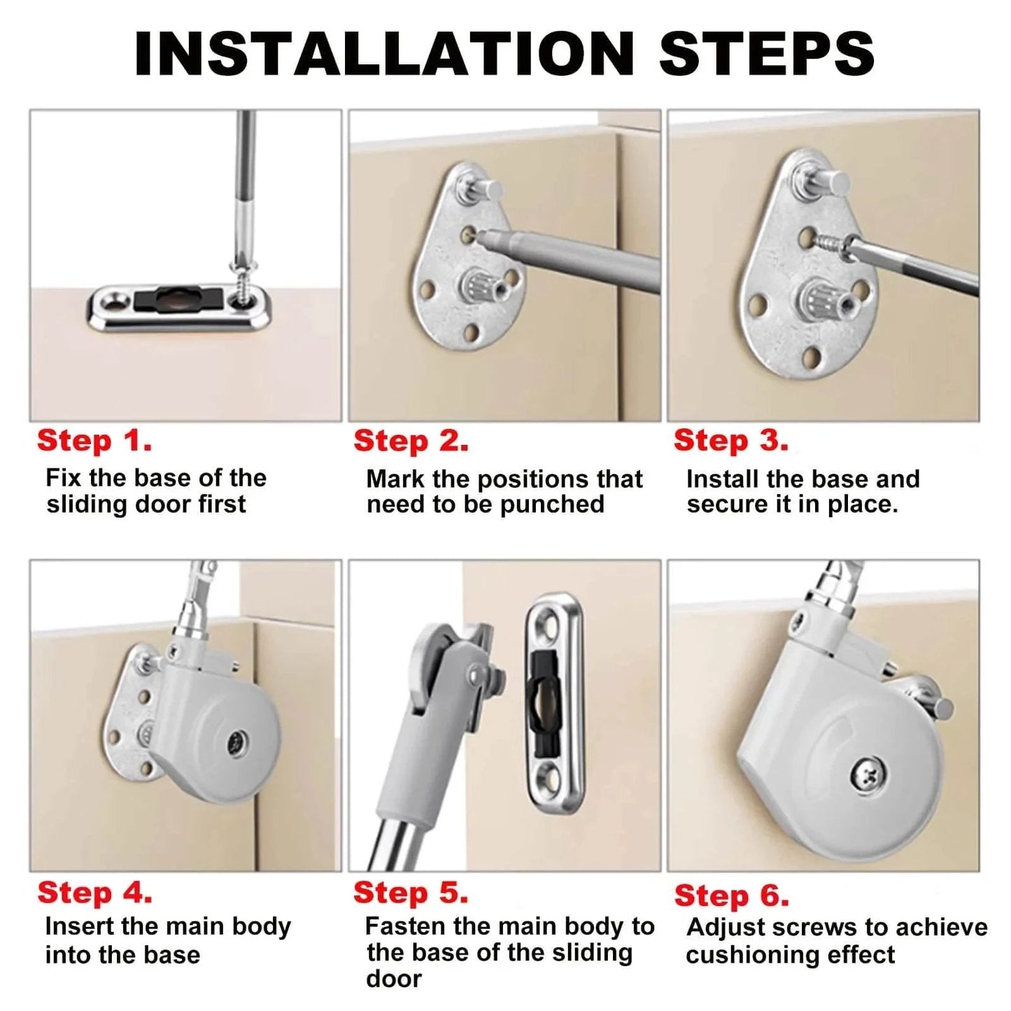 Installation steps for 105 Degree Soft Closing Support Rod Hinges, showing step-by-step guide for cabinet and toy box doors.