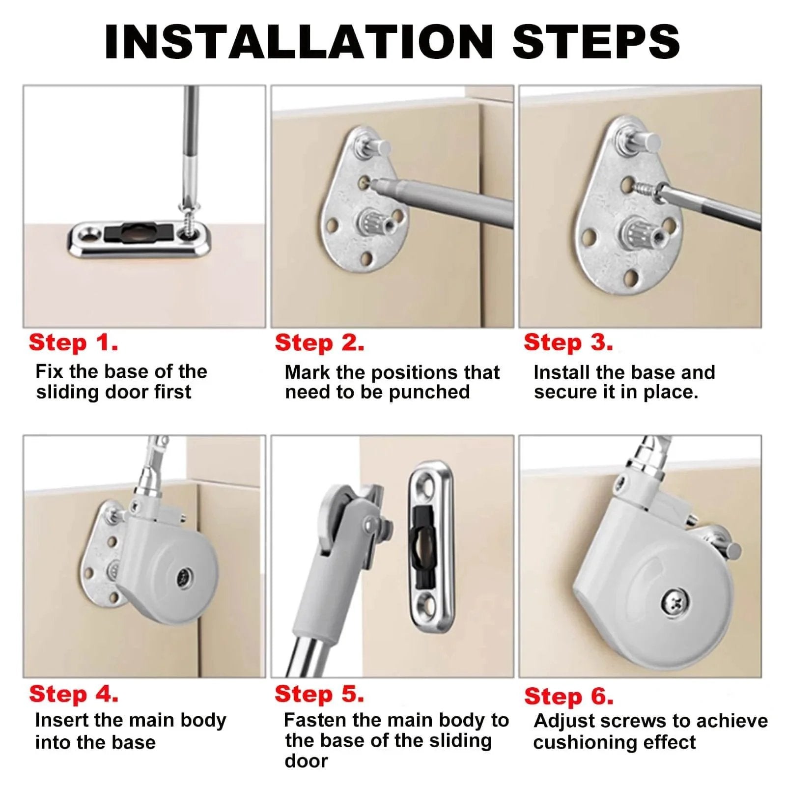 Installation steps for 105 Degree Soft Closing Support Rod Hinges, showing step-by-step guide for cabinet and toy box doors.
