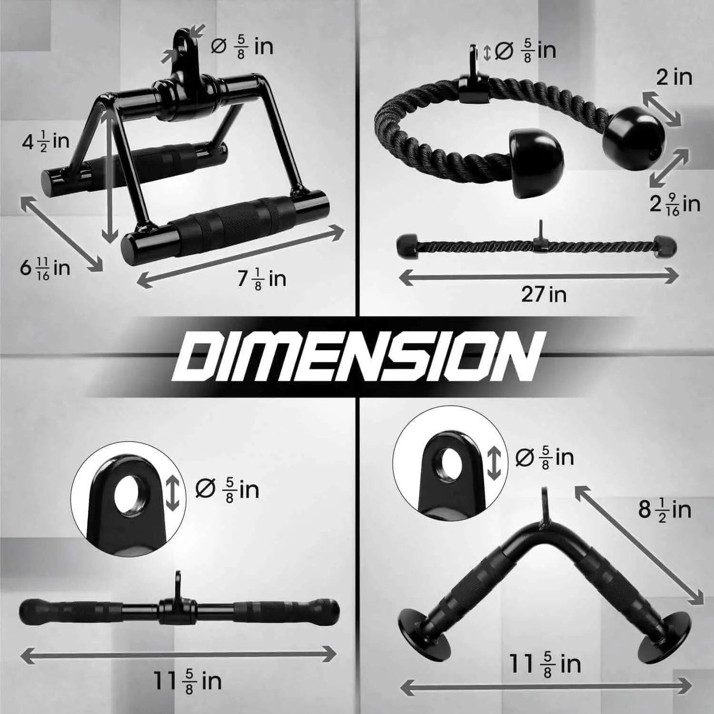 Combo Cable Attachment Set For Home Gym Includes Tricep Rope 27 Inch Double D Handle With Rubber Grips Straight Bar And V Bar dimensions.