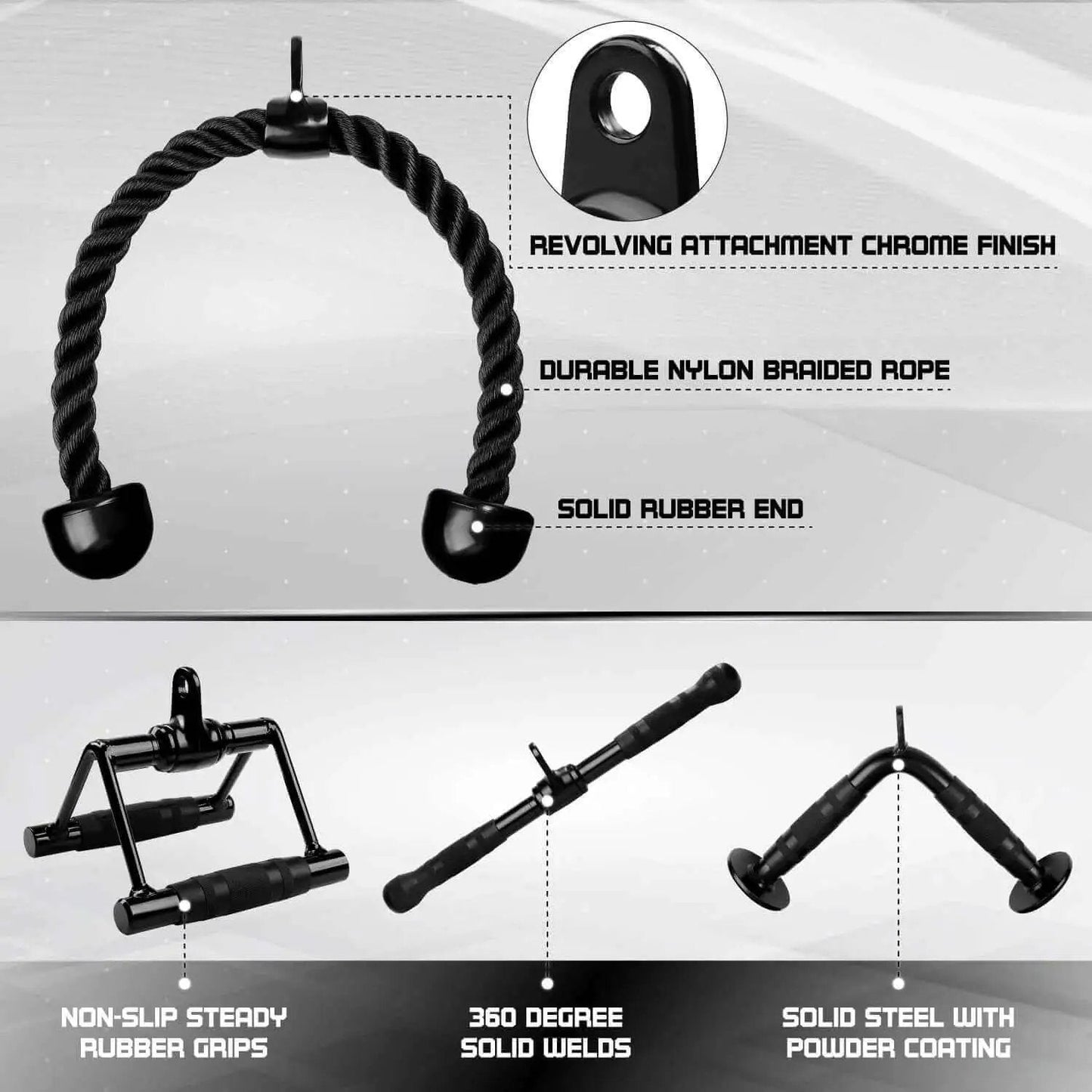 Combo Cable Attachment Set For Home Gym Includes Tricep Rope 27 Inch Double D Handle With Rubber Grips Straight Bar And V Bar