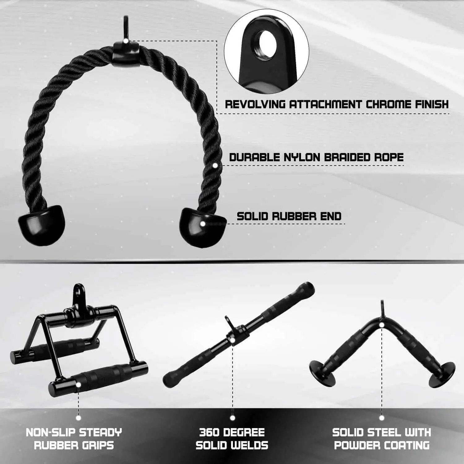 Combo Cable Attachment Set For Home Gym Includes Tricep Rope 27 Inch Double D Handle With Rubber Grips Straight Bar And V Bar