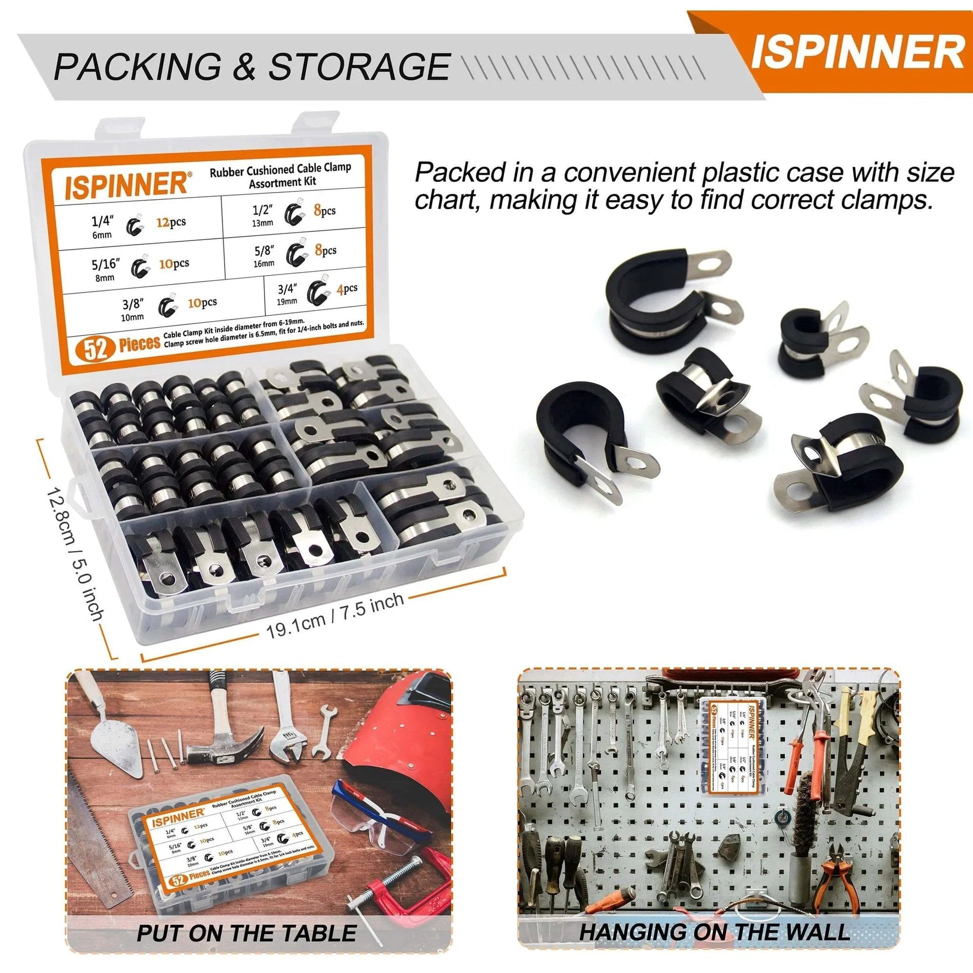 52 Piece Cable Clamps Assortment Kit With 304 Stainless Steel Rubber Cushioned Pipe Clamps In Six Sizes From Quarter Inch To Three Quarter Inch