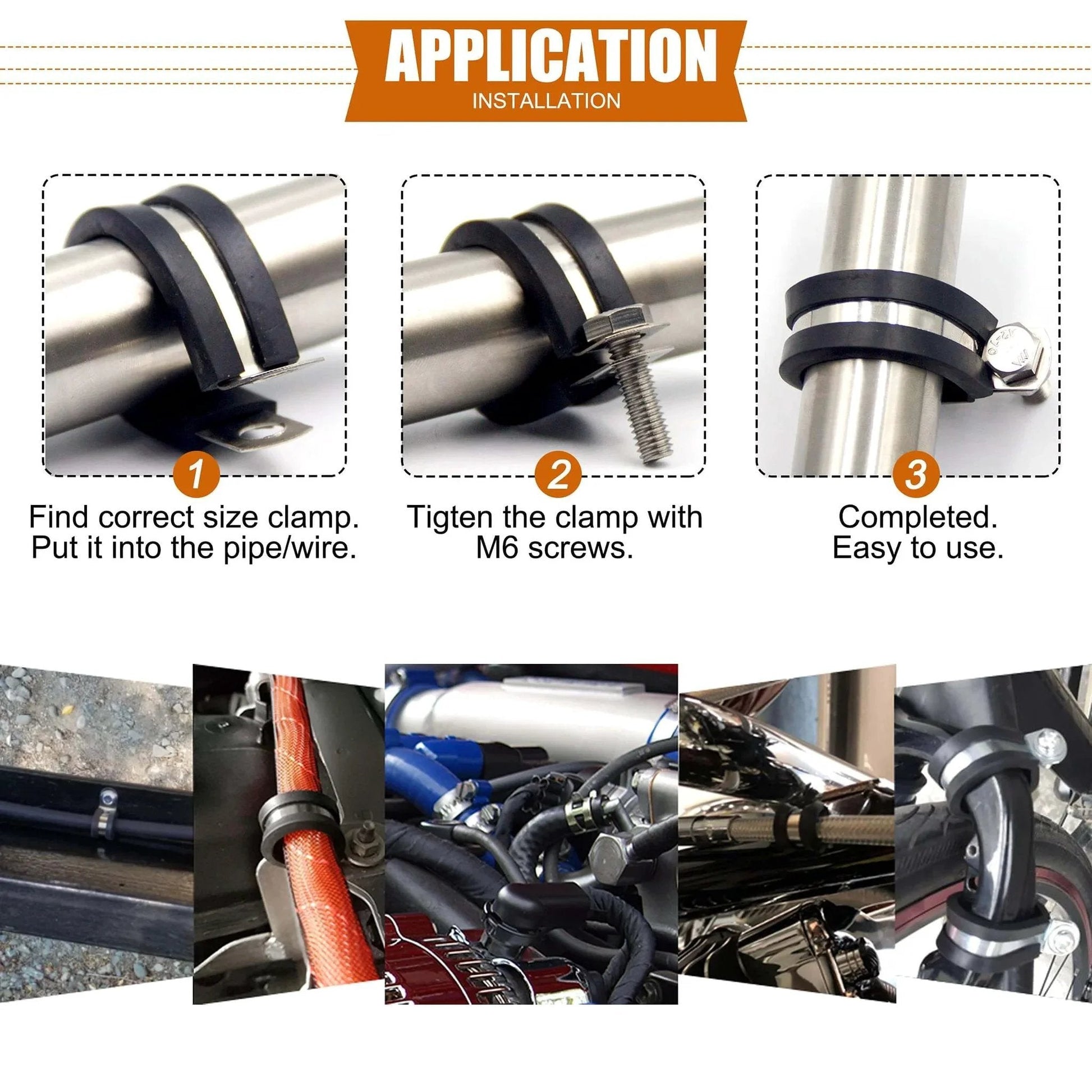Installation process of 52 Piece Cable Clamps Assortment Kit With 304 Stainless Steel Rubber Cushioned Pipe Clamps In Six Sizes.