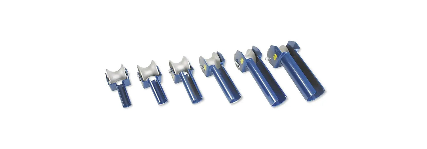 520FS Cable Feeding Sheaves For 2 Inch Conduit With Split Tube, various sizes, aluminum sheaves with self-lubricating bearings displayed.