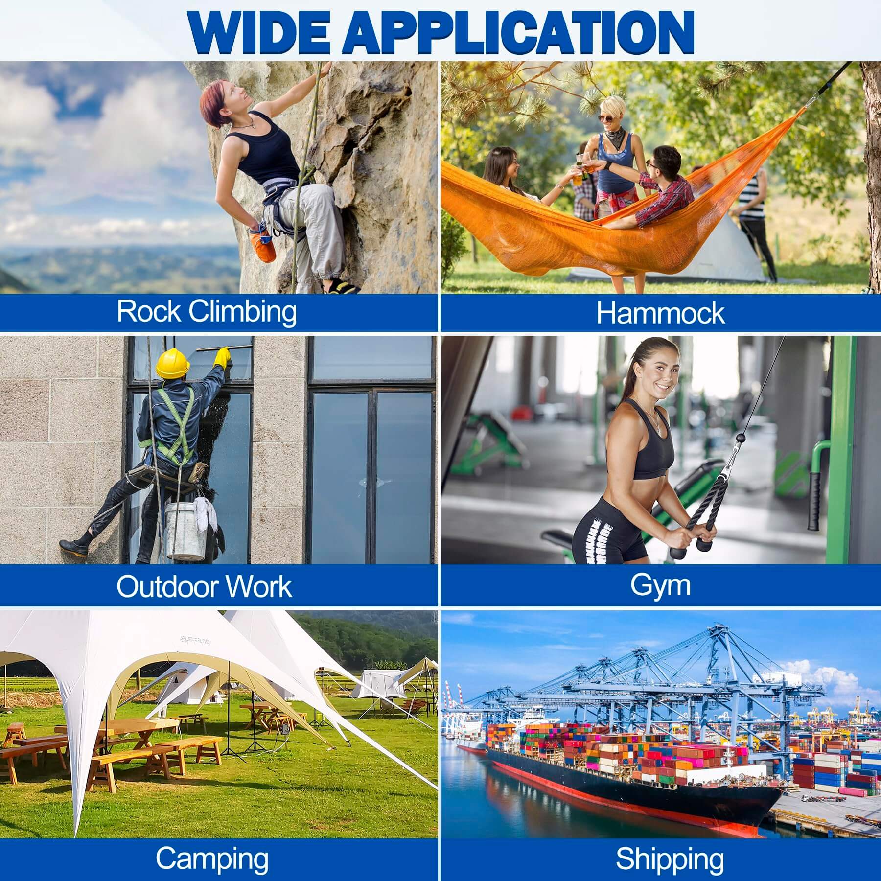 Wide application of cable pulley wheel in rock climbing, hammock, outdoor work, gym, camping, and shipping scenarios.