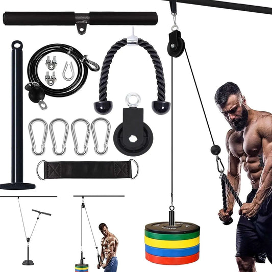 Upgraded Cable Pulley System for Home Gym with LAT and lift attachments, showing components and man exercising, 330 lbs capacity.