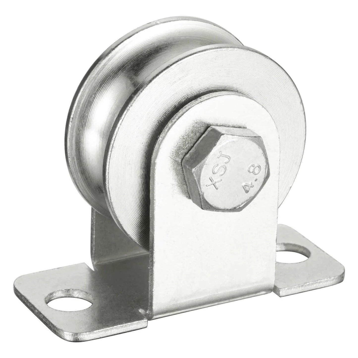 Front view of Cable Pulley 48mm Wheel Wall Mount, Bearings Inside, Stainless Steel Rope Pulley for Pulley System, Sliding Gate, Load 1100 LB, 1Pcs.