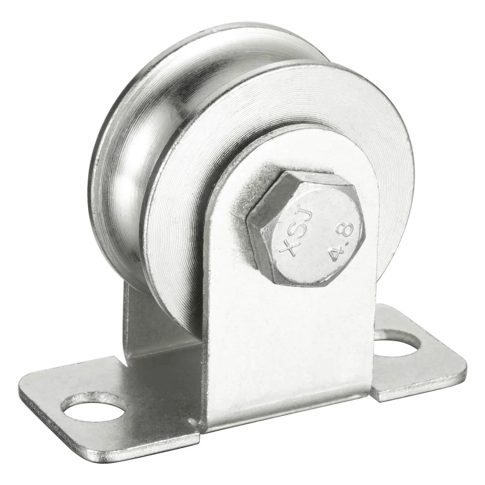 Front view of Cable Pulley 48mm Wheel Wall Mount, Bearings Inside, Stainless Steel Rope Pulley for Pulley System, Sliding Gate, Load 1100 LB, 1Pcs.