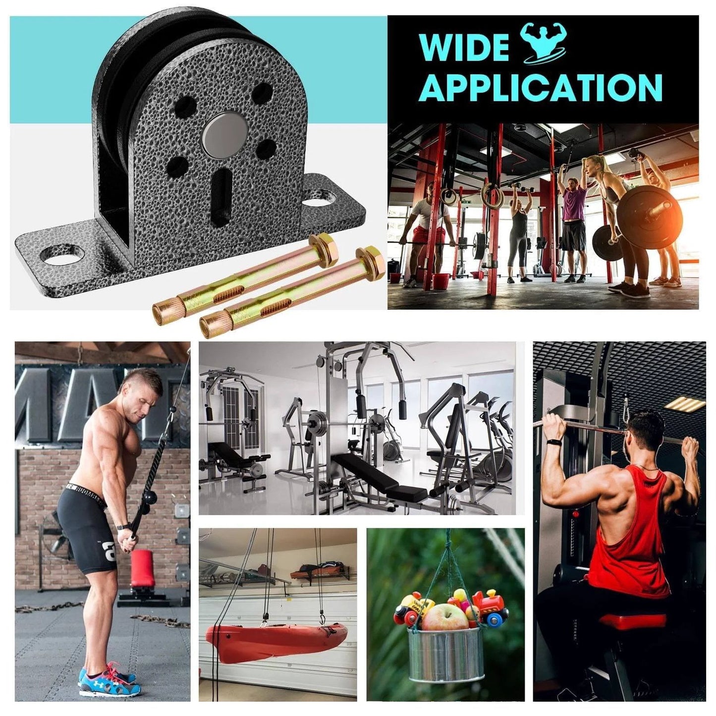 Cable Rope Bearing Pulley Wheel, Wall-Mounted Fixed Pulley Weight System for Home Gym with installation bolts, grey steel.
