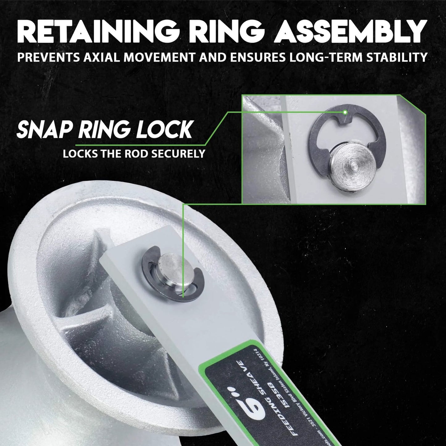 6" Diameter, Cable Puller Sheave, Hook, Wire, Rope | Capacity 6500lb | Compatible with Greenlee Pullers 640,6801,6001 | Staten Tools close-up of retaining ring assembly.