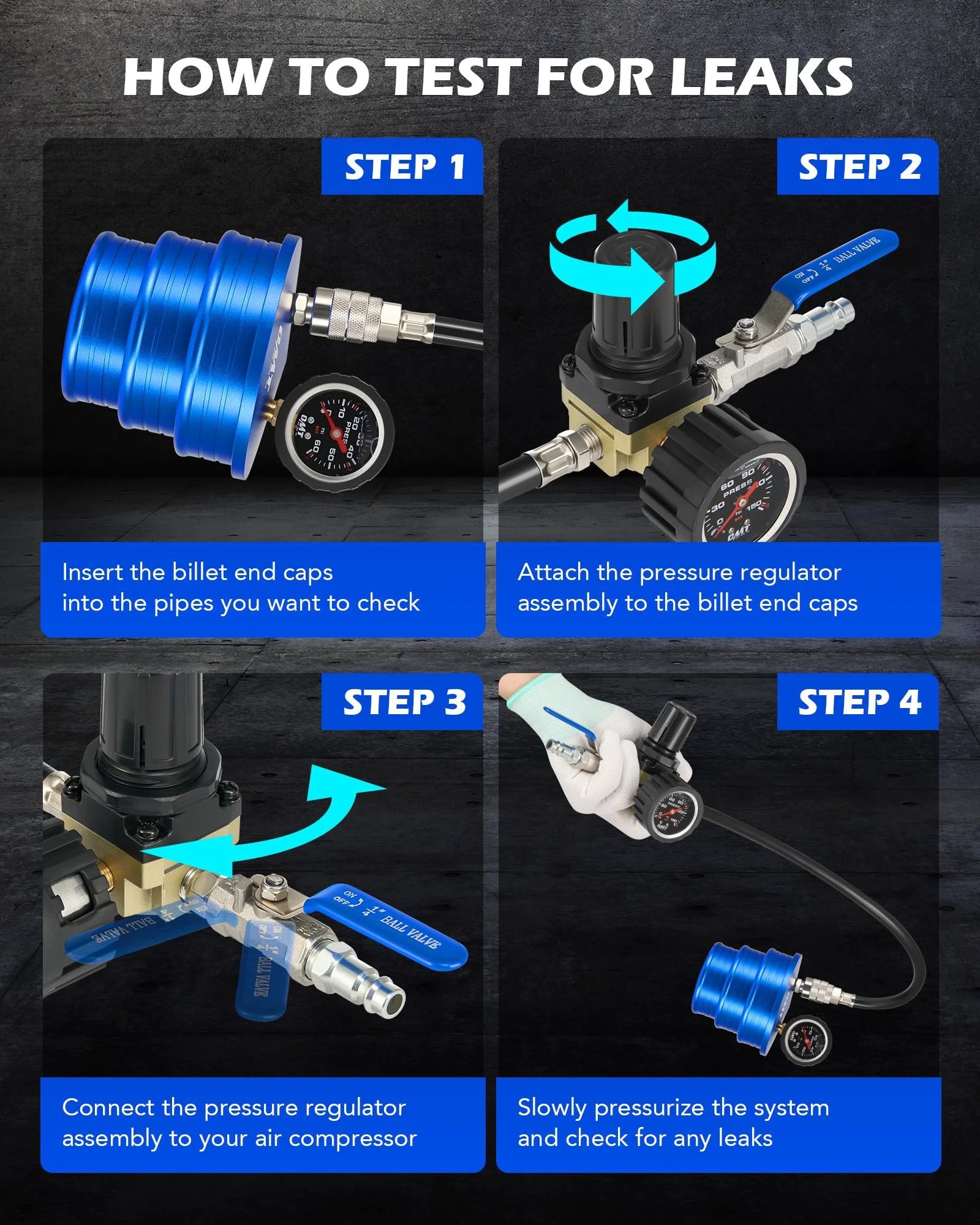 Steps showing how to test for leaks using Charge Air Cooler CAC Leak Tester Kit With Billet End Caps In 4 In, 3.5 In, And 3 In Sizes.