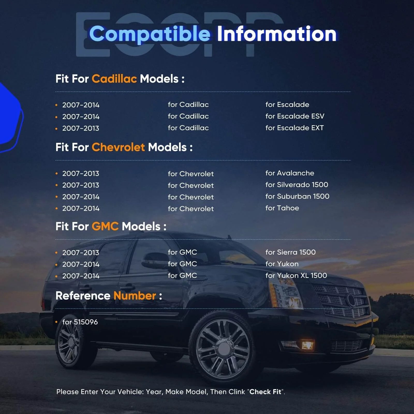 Compatibility chart for 515096 Front Wheel Hub Bearing Assembly for Chevy Cadillac GMC models listed with vehicle in sunset background.