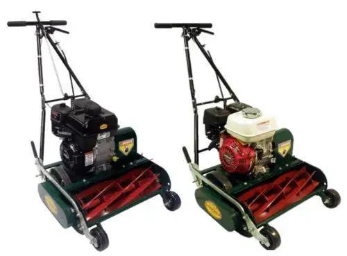 Two Cal Trimmer reel mowers with mounted engines, compatible with Roller Shaft Bearing For Cal Trimmer Mowers 20 To 25 Inch Sealed Commercial Grade Bearings Made In Japan Fits All Cal Trimmer Reel Mowers Gen Part 25324 Made In USA Premium Replacement Part With Long Life And Superior Seal For Heavy Use