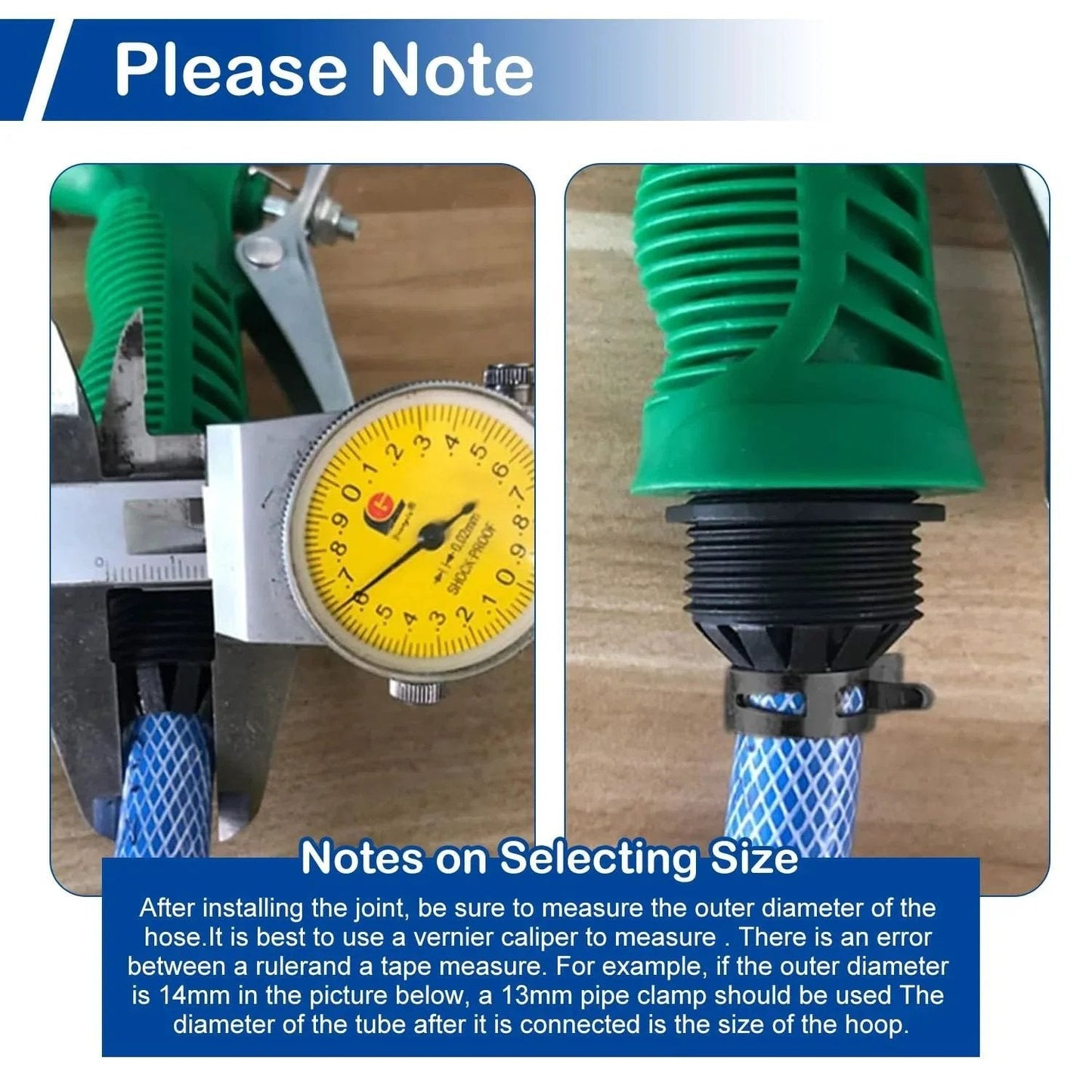 Using vernier caliper to measure hose diameter for correct sizing, with hose installed on a black fitting, green connector visible.