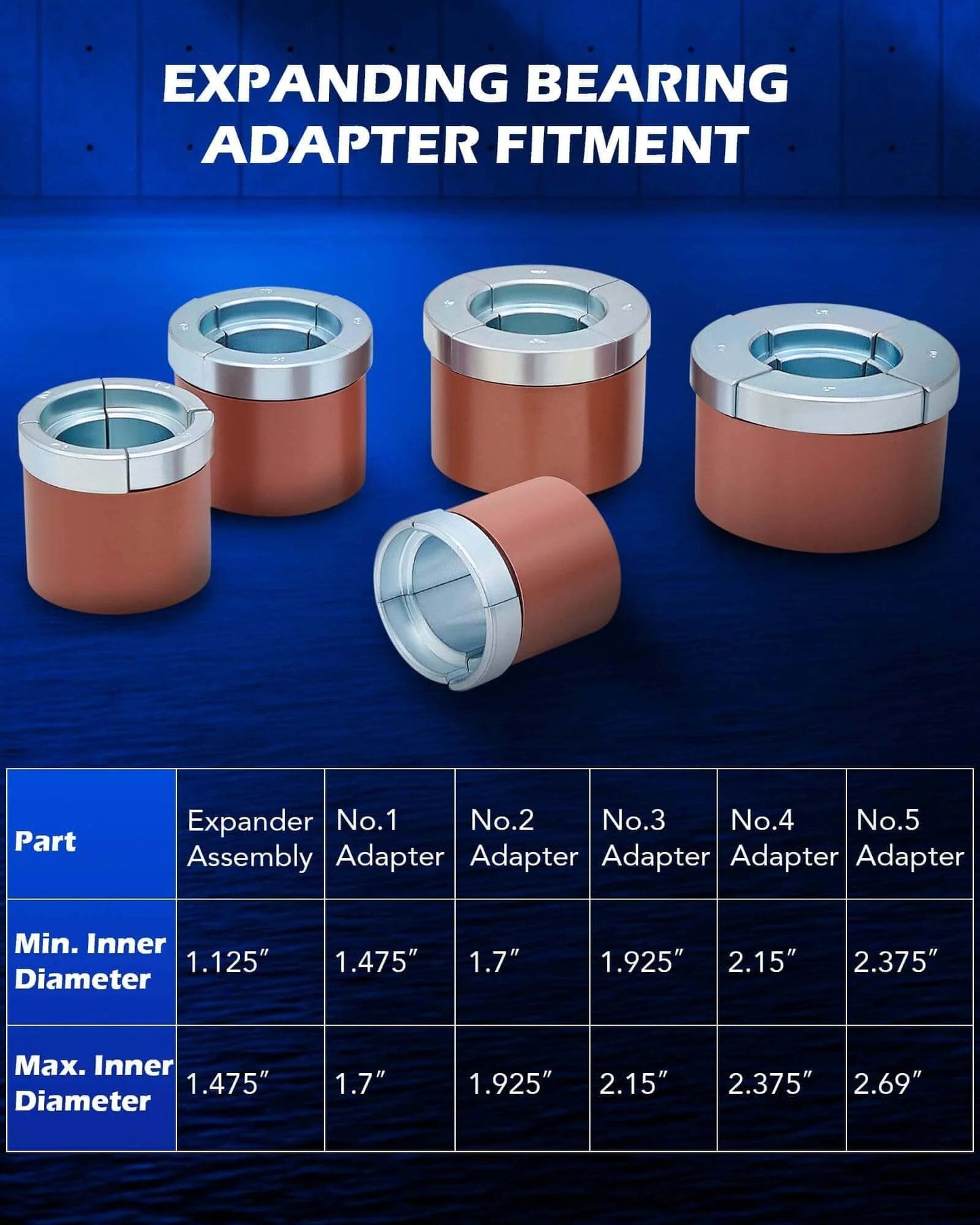 Expanding bearing adapters with size chart, part of the Cam Bearing Removal and Installation Tool Set | Complete Camshaft Bearing Tool Kit