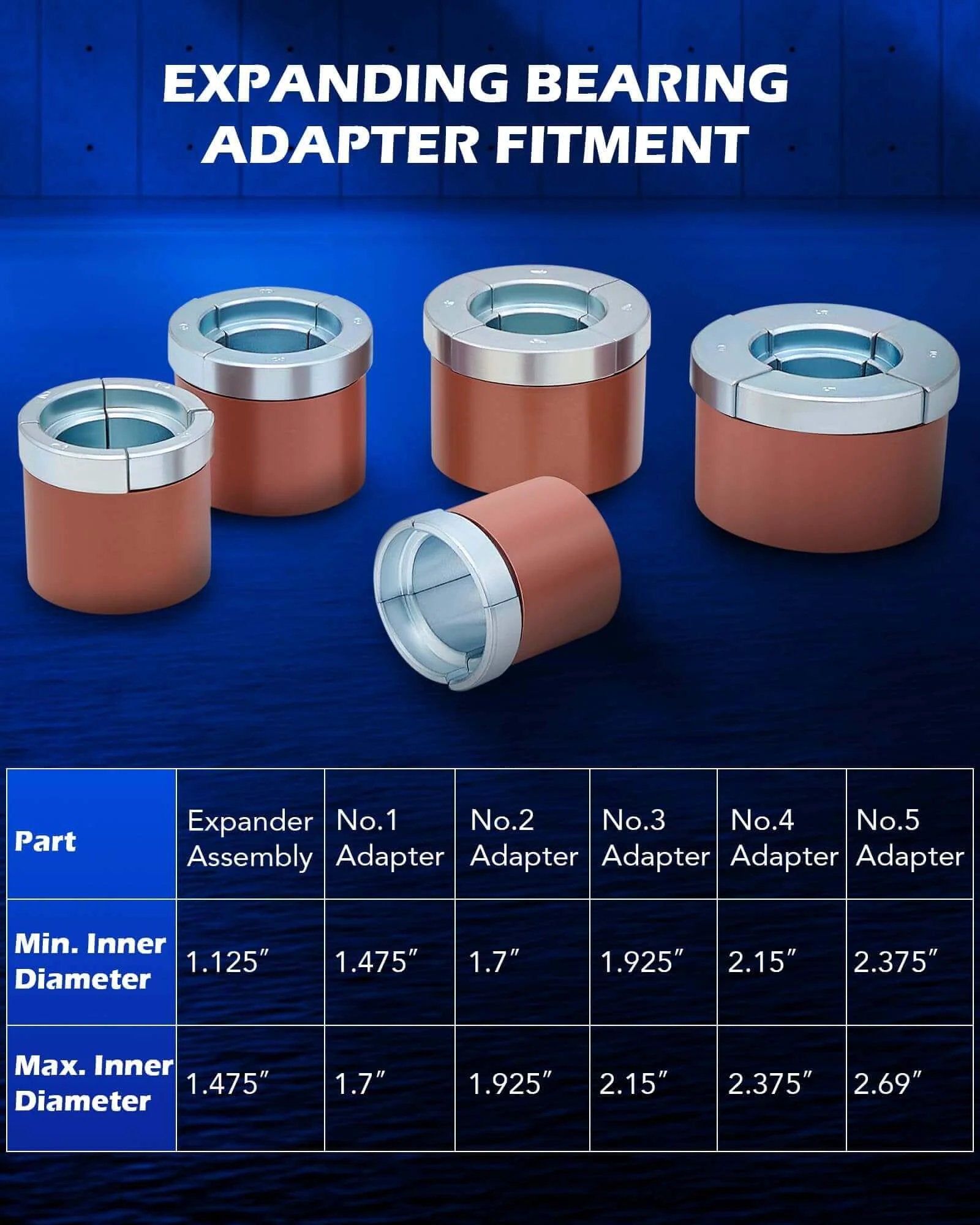 Expanding bearing adapters with size chart, part of the Cam Bearing Removal and Installation Tool Set | Complete Camshaft Bearing Tool Kit
