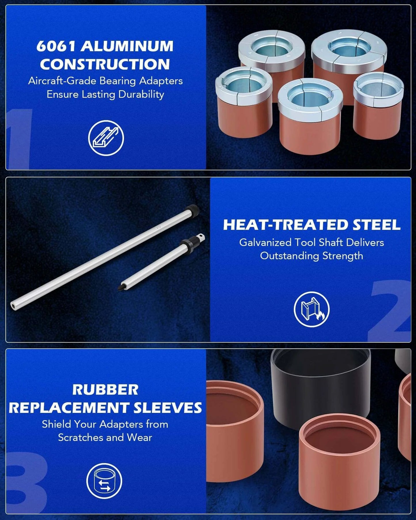 Cam Bearing Removal and Installation Tool Set showcasing adapters, heat-treated steel shafts, and rubber sleeves for durability and protection.
