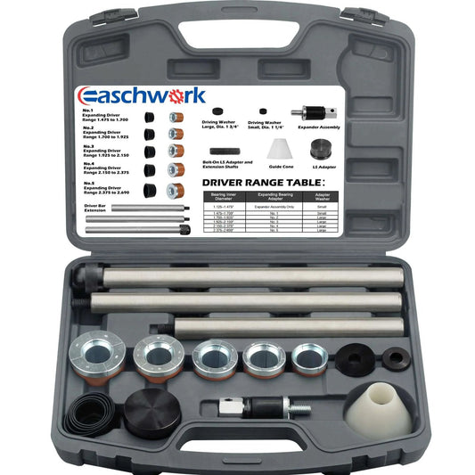 Open kit showing Cam Bearing Install Tool & Engine Cam Bearing Remove Kit Complete Installation & Removal Chevy LS Engine - Covers Most Domestic and Import Vehicles, Patented, with tools and accessories in a gray case.
